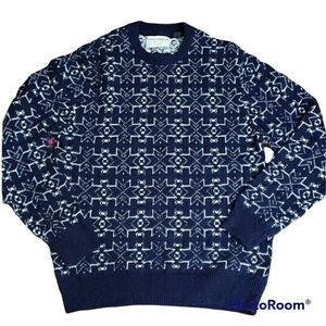 French Connection Mens Crewneck Cotton Sweater Blue with White Snowflakes